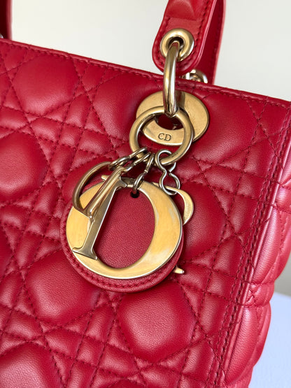 Pre-owned Dior Lady Dior Medium Red Lambskin Bag