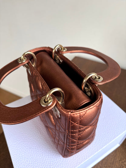 Pre-owned Dior Lady Dior Mini Bronze Lambskin Cannage Bag
