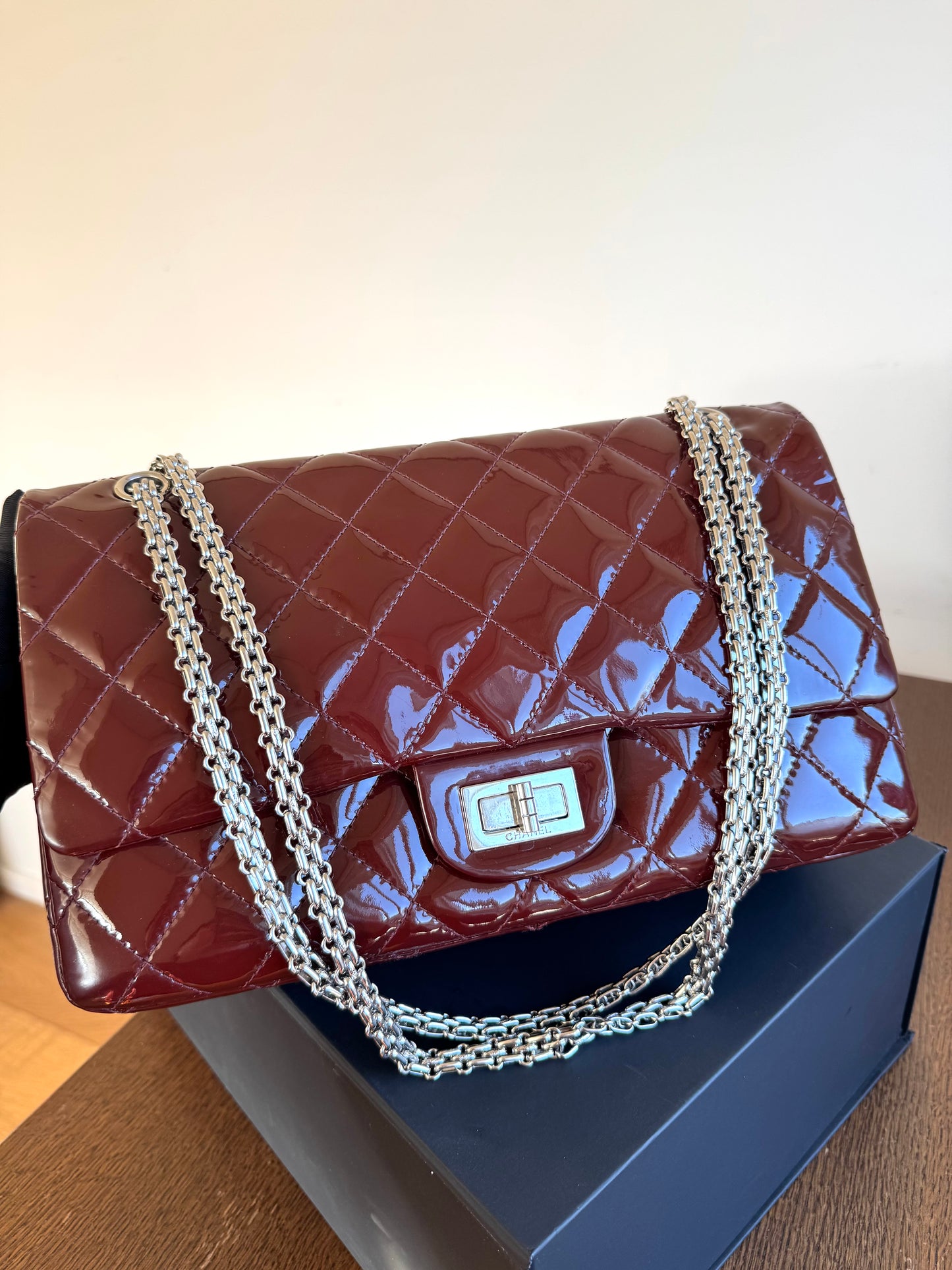 Pre-owned Chanel 2.55 Reissue Maxi 227 Burgundy Patent Leather Flap Bag
