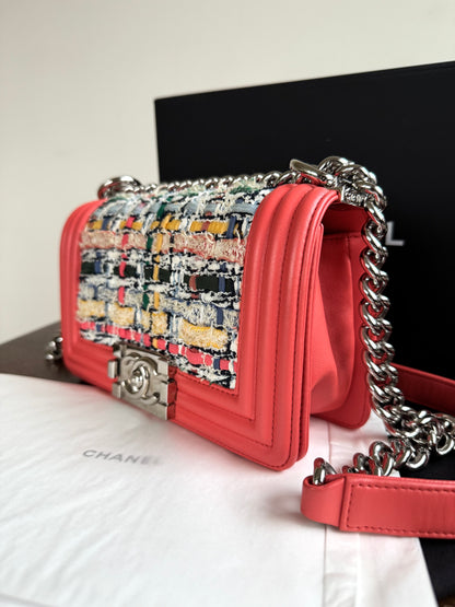 Pre-owned Chanel Boy Small Salmon Pink Tweed Leather Bag