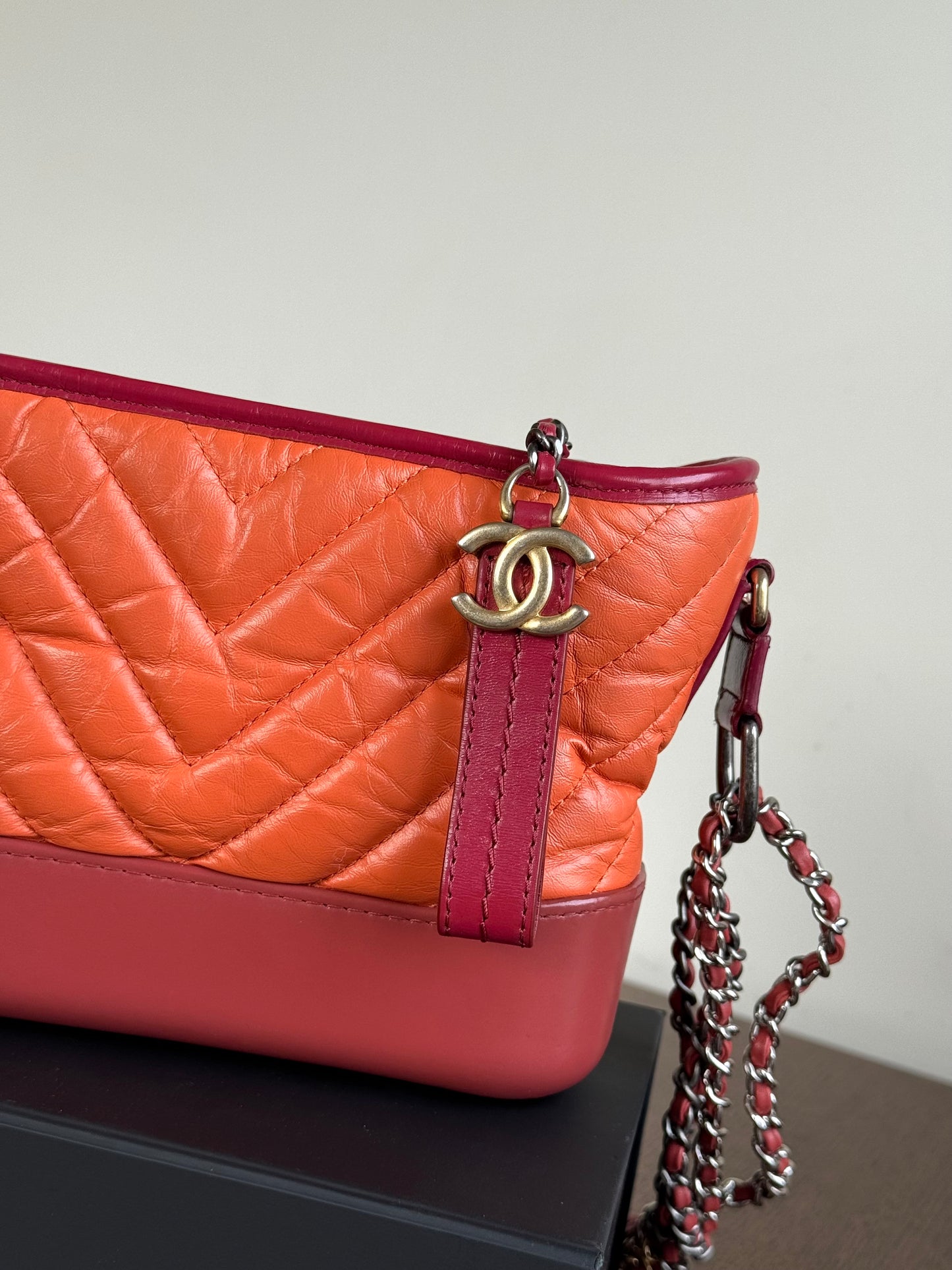 Pre-owned Chanel Gabrielle Small Orange Red Leather Hobo Bag