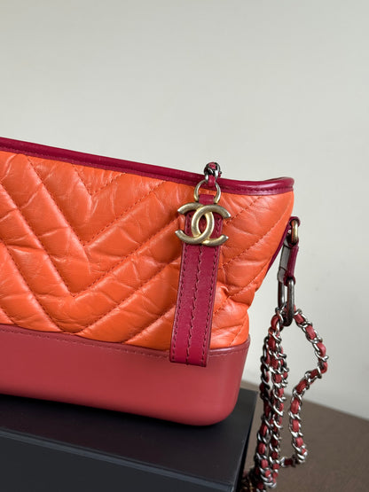 Pre-owned Chanel Gabrielle Small Orange Red Leather Hobo Bag