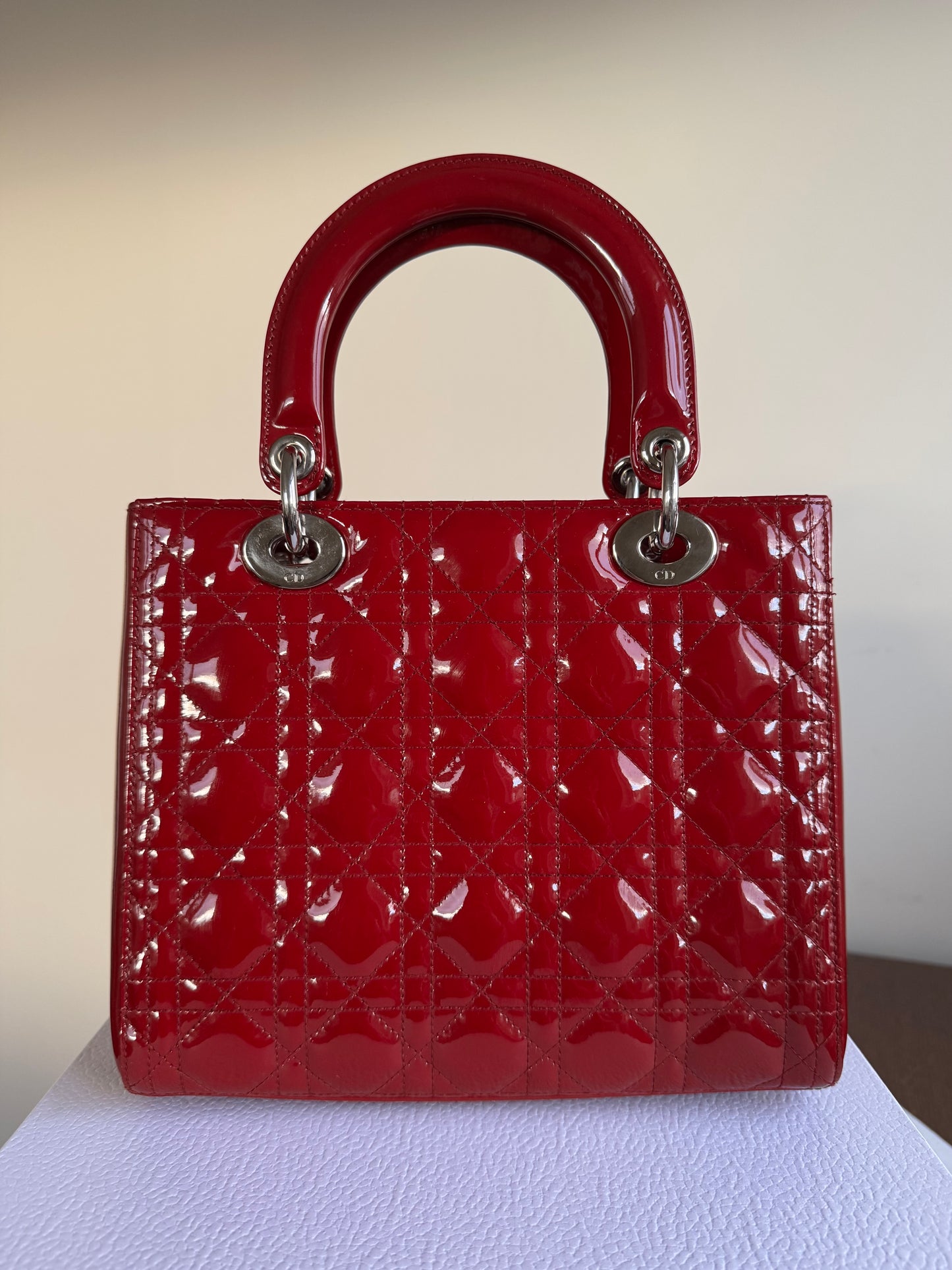 Pre-owned Dior Lady Dior Medium Burgundy Patent Leather Bag
