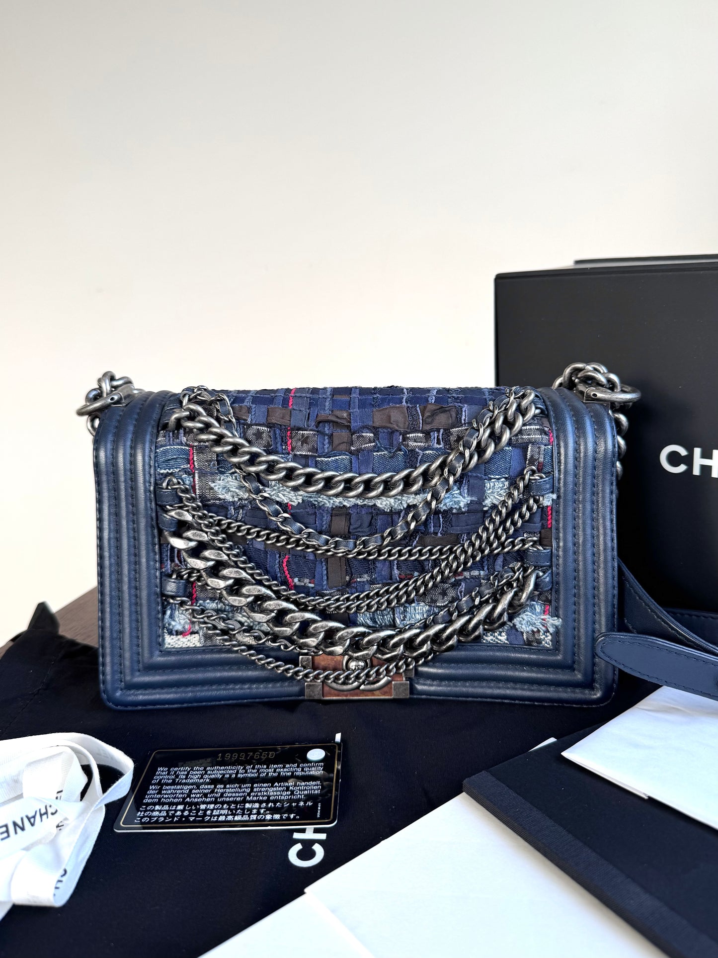 Pre-owned Chanel Boy Medium Blue Denim Tweed Leather Flap Bag