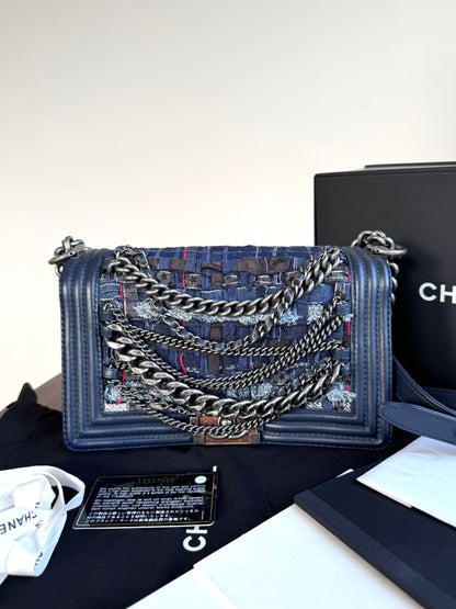 Pre-owned Chanel Boy Medium Blue Denim Tweed Leather Flap Bag