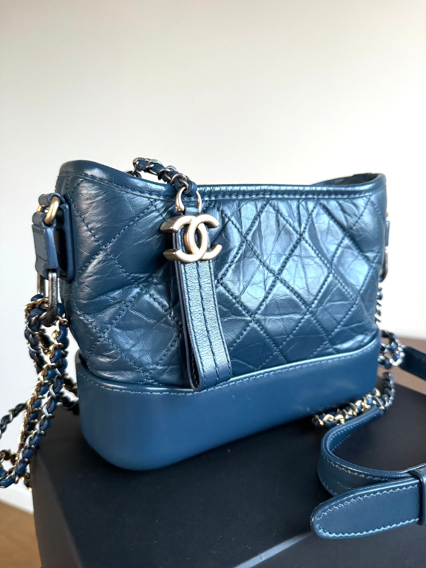 Pre-owned Chanel Gabrielle Small Marine Blue Leather Hobo Bag