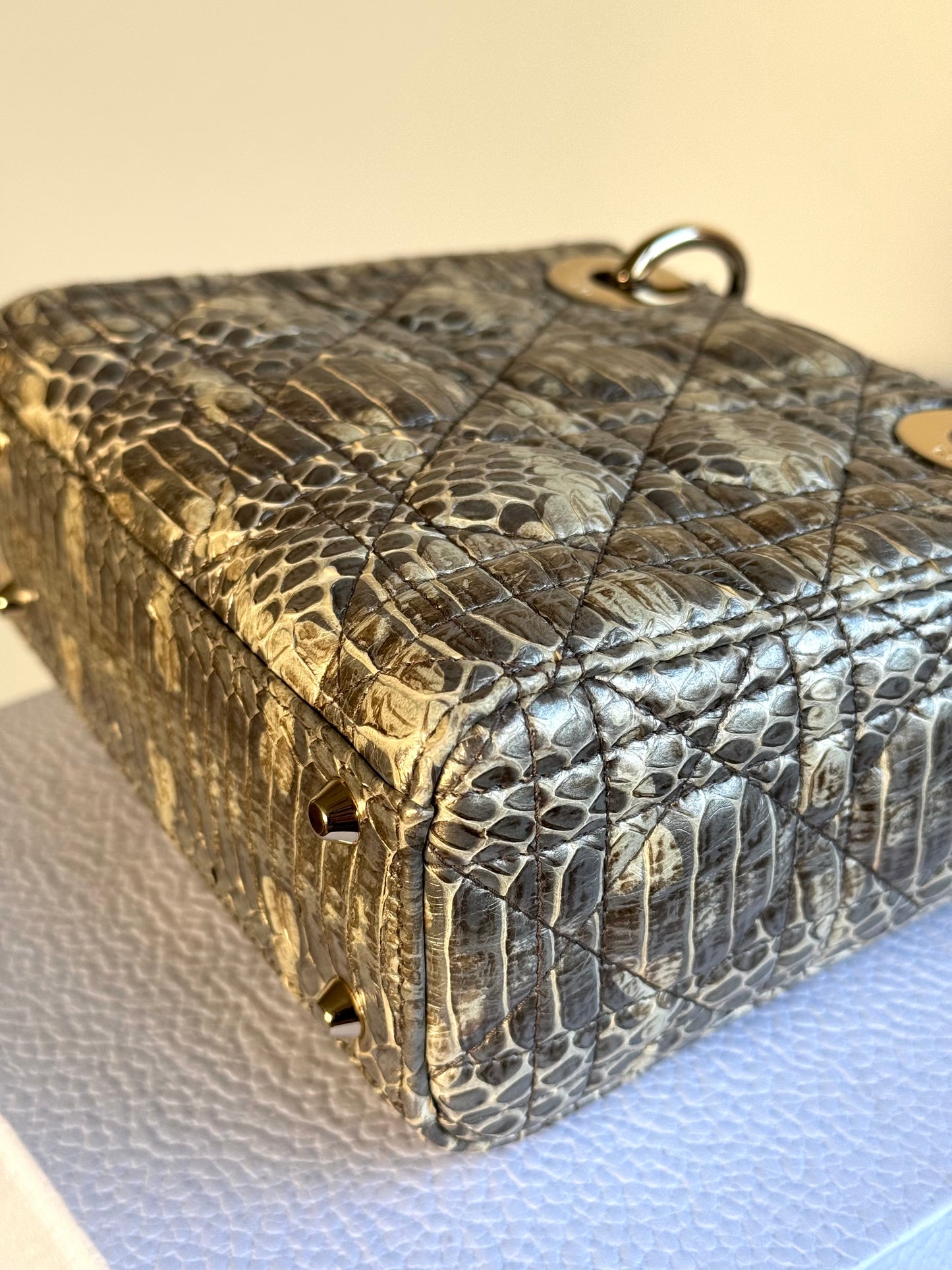 Pre-owned Dior Lady Dior Mini Metallic Grey Beige Python Bag