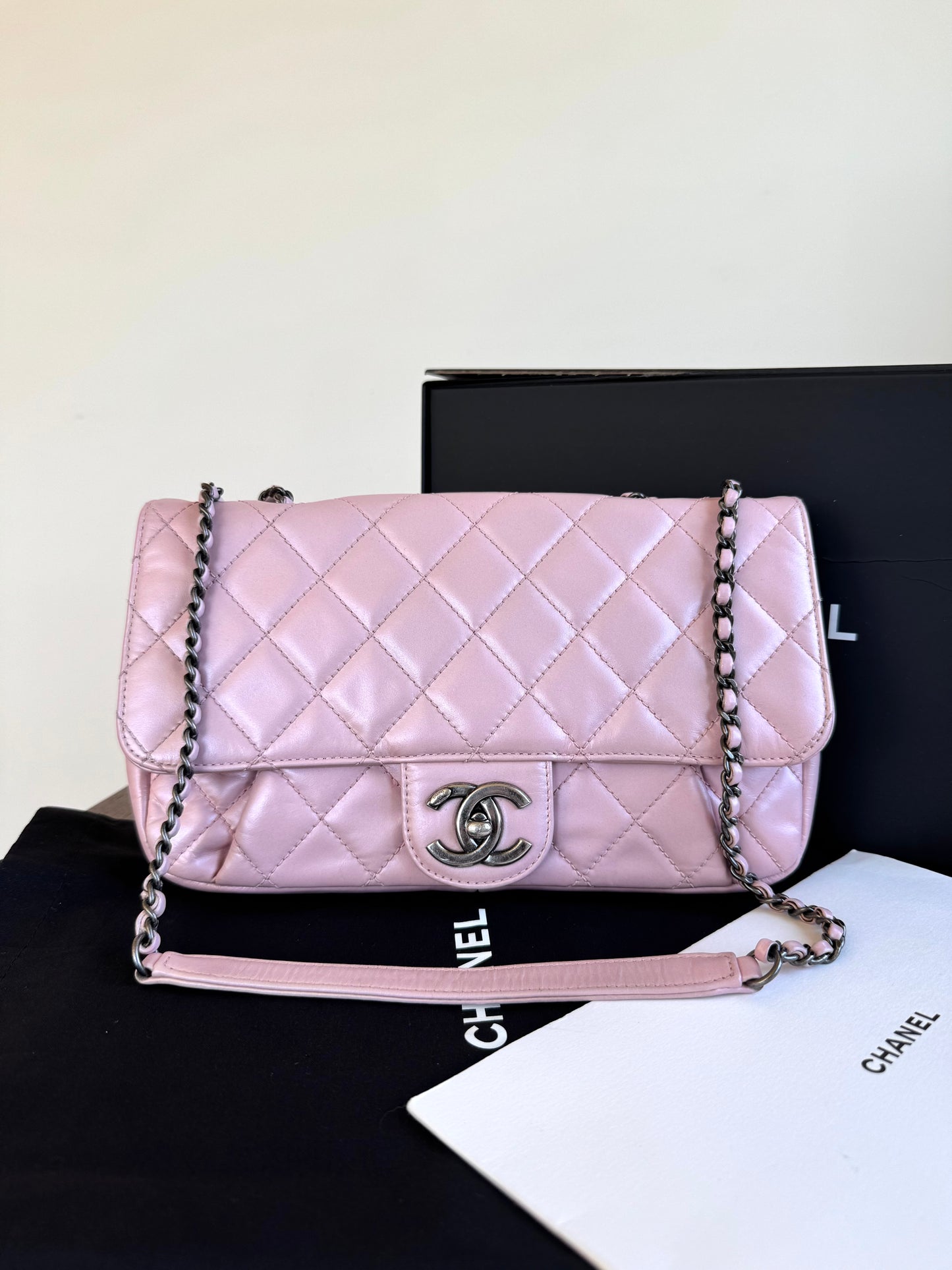 Pre-owned Chanel Coco Pleats Pink Glazed Calfskin Flap Bag