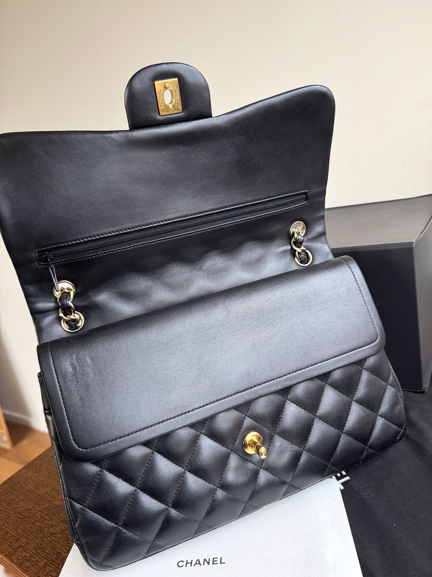 Pre-owned Chanel Timeless Classic Jumbo Black Lambskin Flap Bag