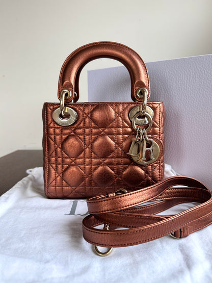 Pre-owned Dior Lady Dior Mini Bronze Lambskin Cannage Bag