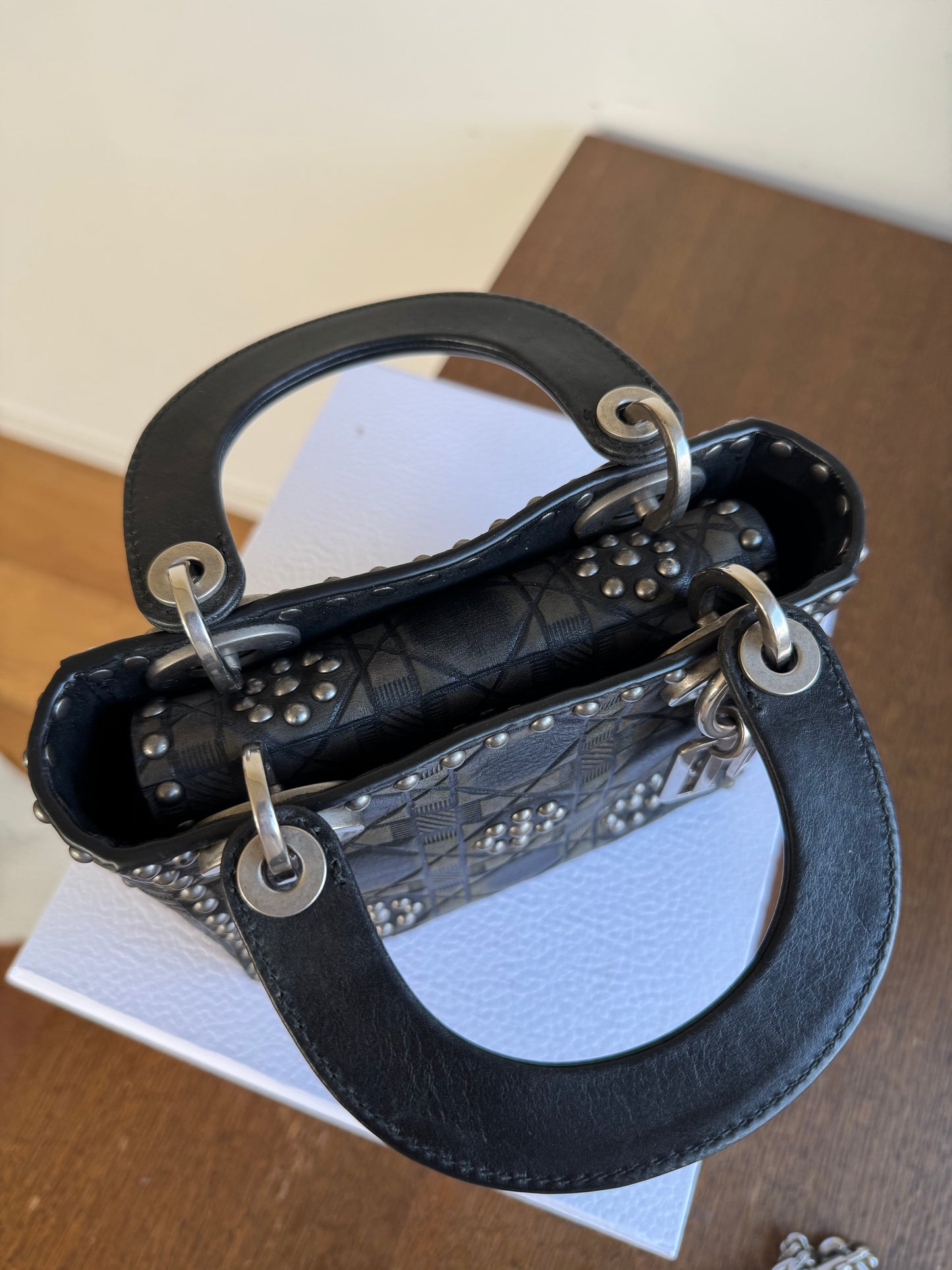 Pre-owned Dior Lady Dior Mini Studded Blacked Aged Calfskin Bag Limited Edition