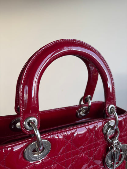 Pre-owned Dior Lady Dior Medium Burgundy Patent Leather Bag