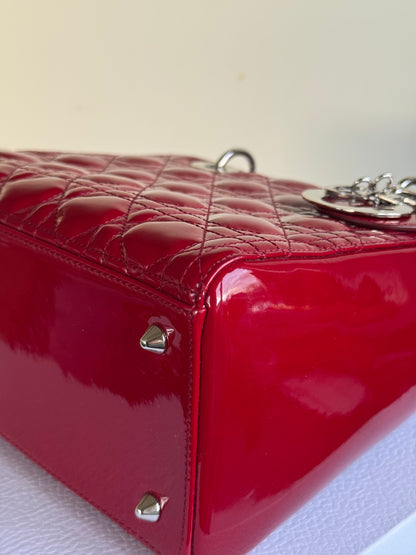 Pre-owned Dior Lady Dior Medium Burgundy Patent Leather Bag