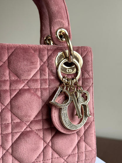 Pre-owned Dior Lady Dior Mini Crystal Dusty Rose Velvet Bag Limited Edition