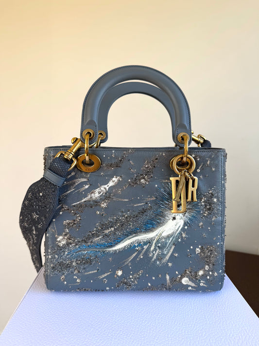 Pre-owned Dior Lady Dior Medium Grey Blue Embroidered Leather Bag