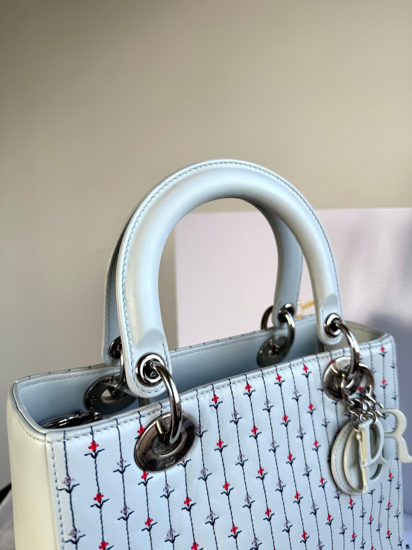 Pre-owned Dior Lady Dior Medium Baby Blue Embroidered Flower Calfskin Bag
