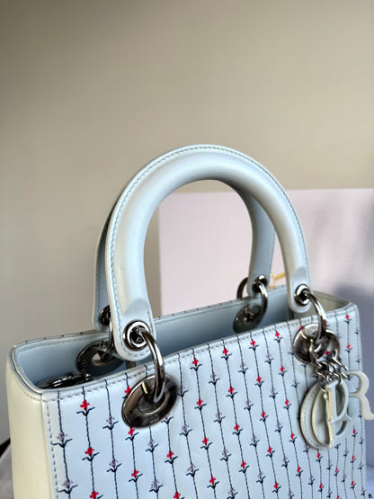 Pre-owned Dior Lady Dior Medium Baby Blue Embroidered Flower Calfskin Bag