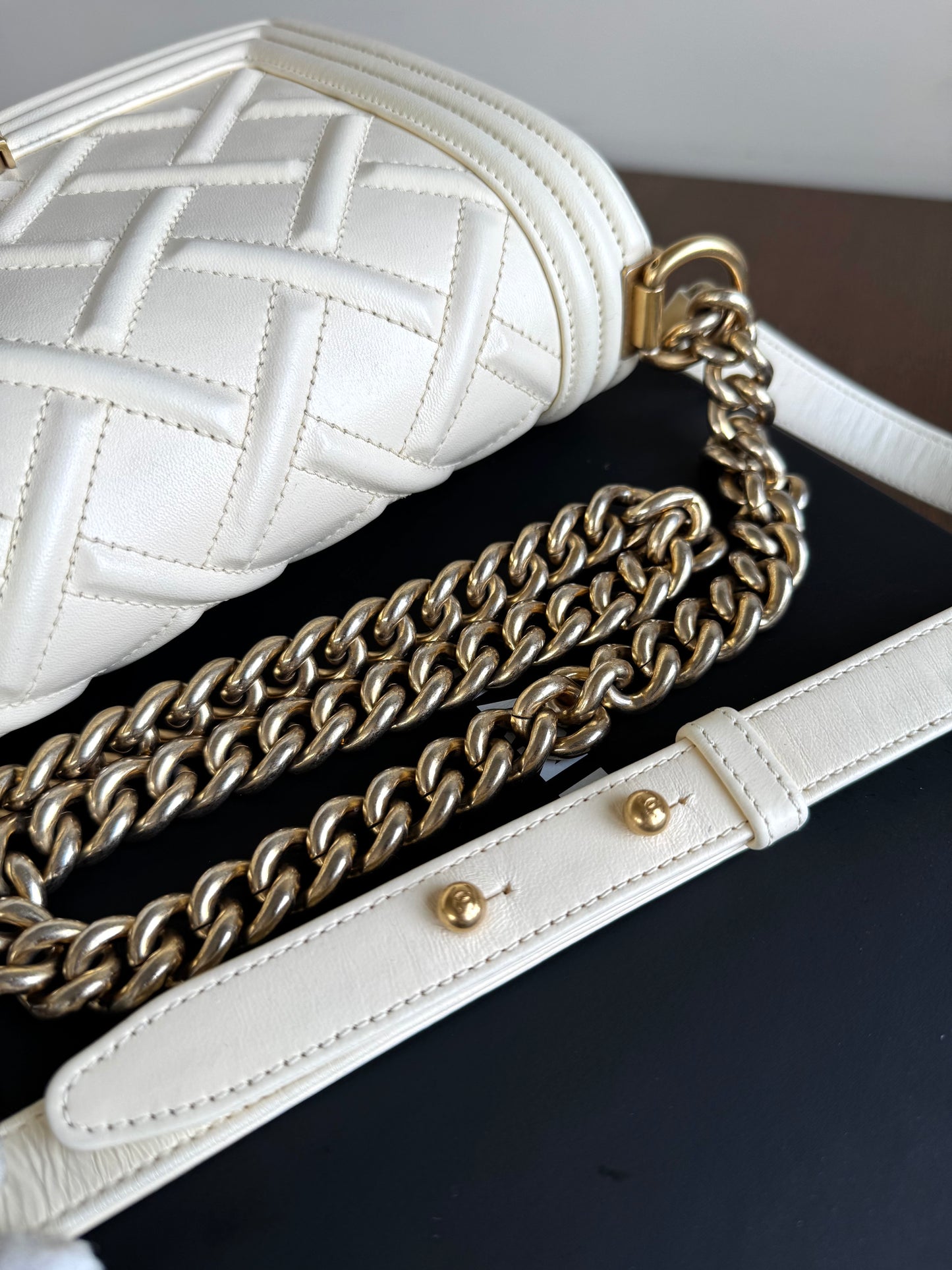 Pre-owned Chanel Boy Medium Embossed Cream Leather Bag