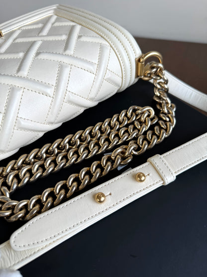 Pre-owned Chanel Boy Medium Embossed Cream Leather Bag