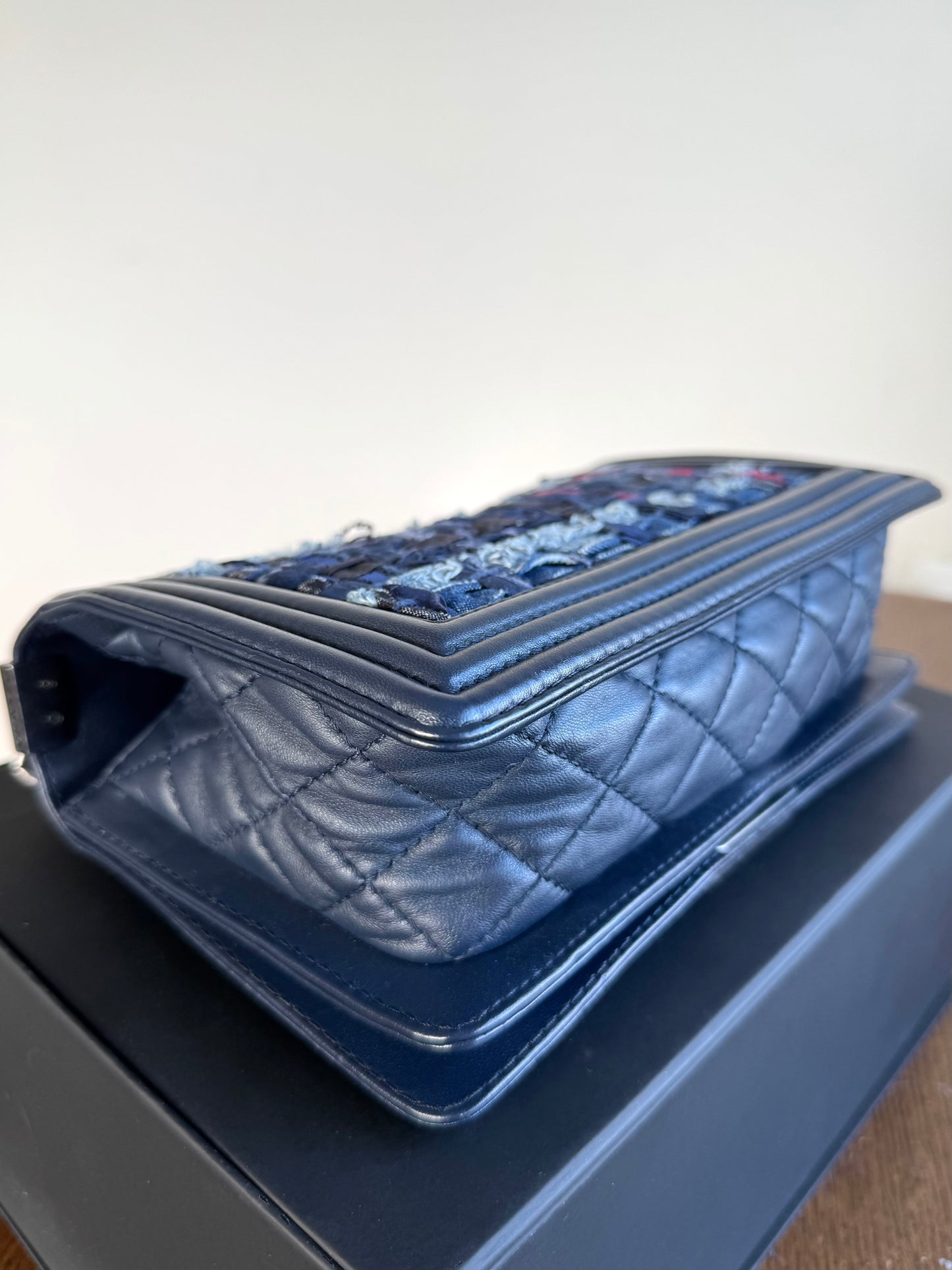 Pre-owned Chanel Boy Medium Blue Denim Tweed Leather Flap Bag