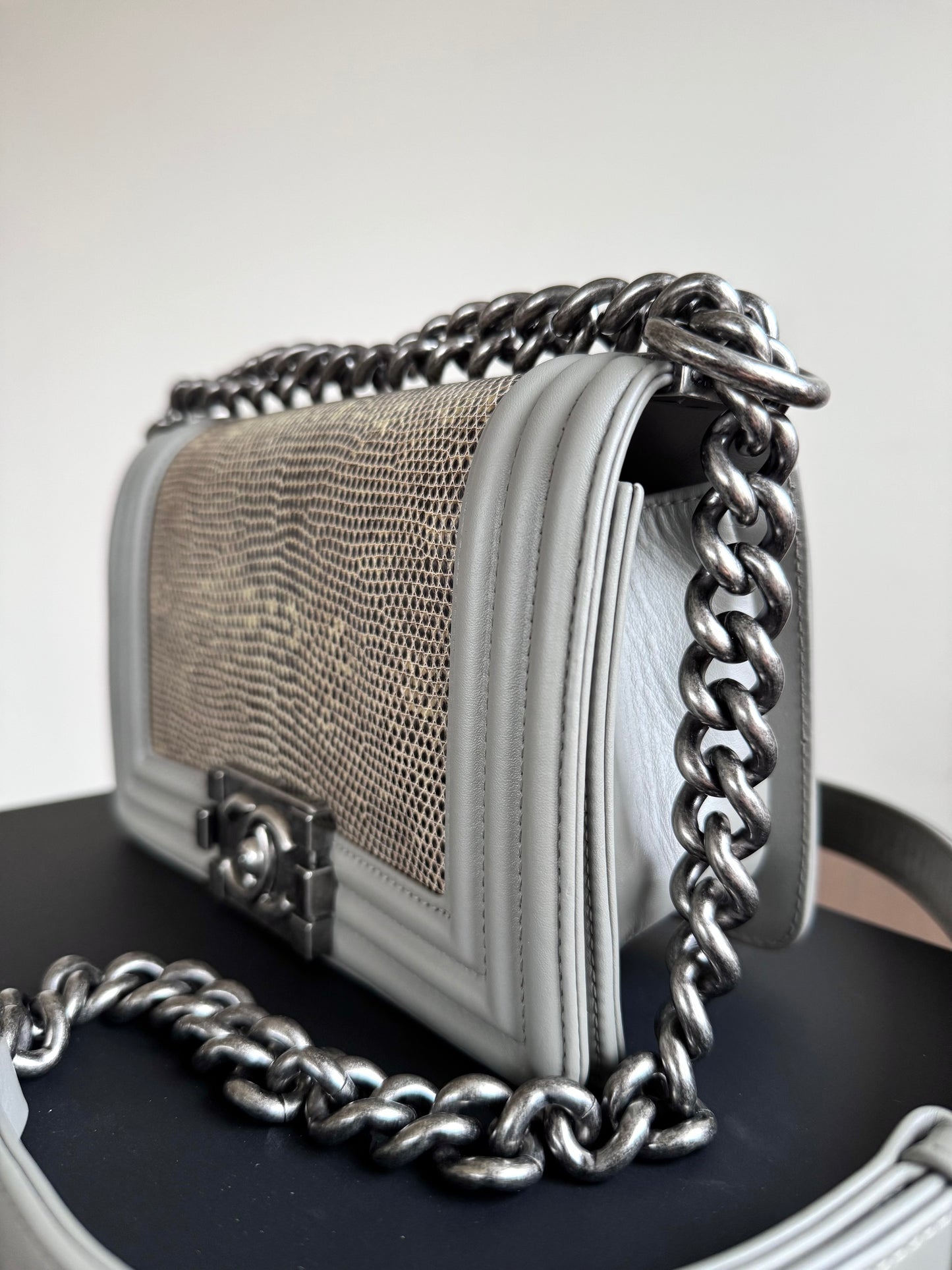 Pre-owned Chanel Boy Small Grey Lizard Leather Flap Bag