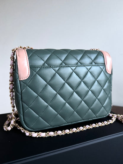 Pre-owned Chanel Diana Mini Bi-color Green Pink Leather Flap Bag