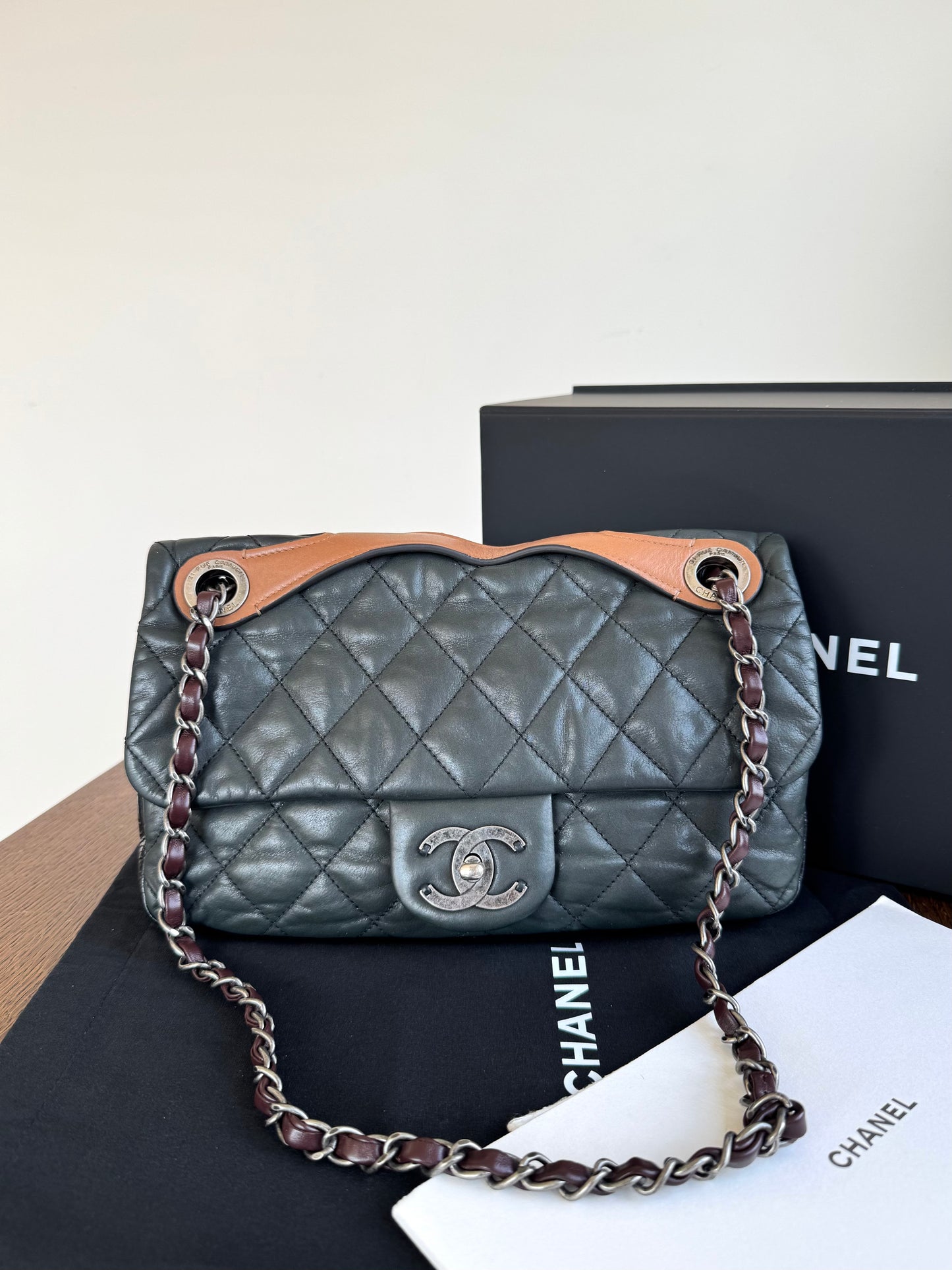 Pre-owned Chanel In The Mix Medium Dark Green Iridescent Leather Flap Bag