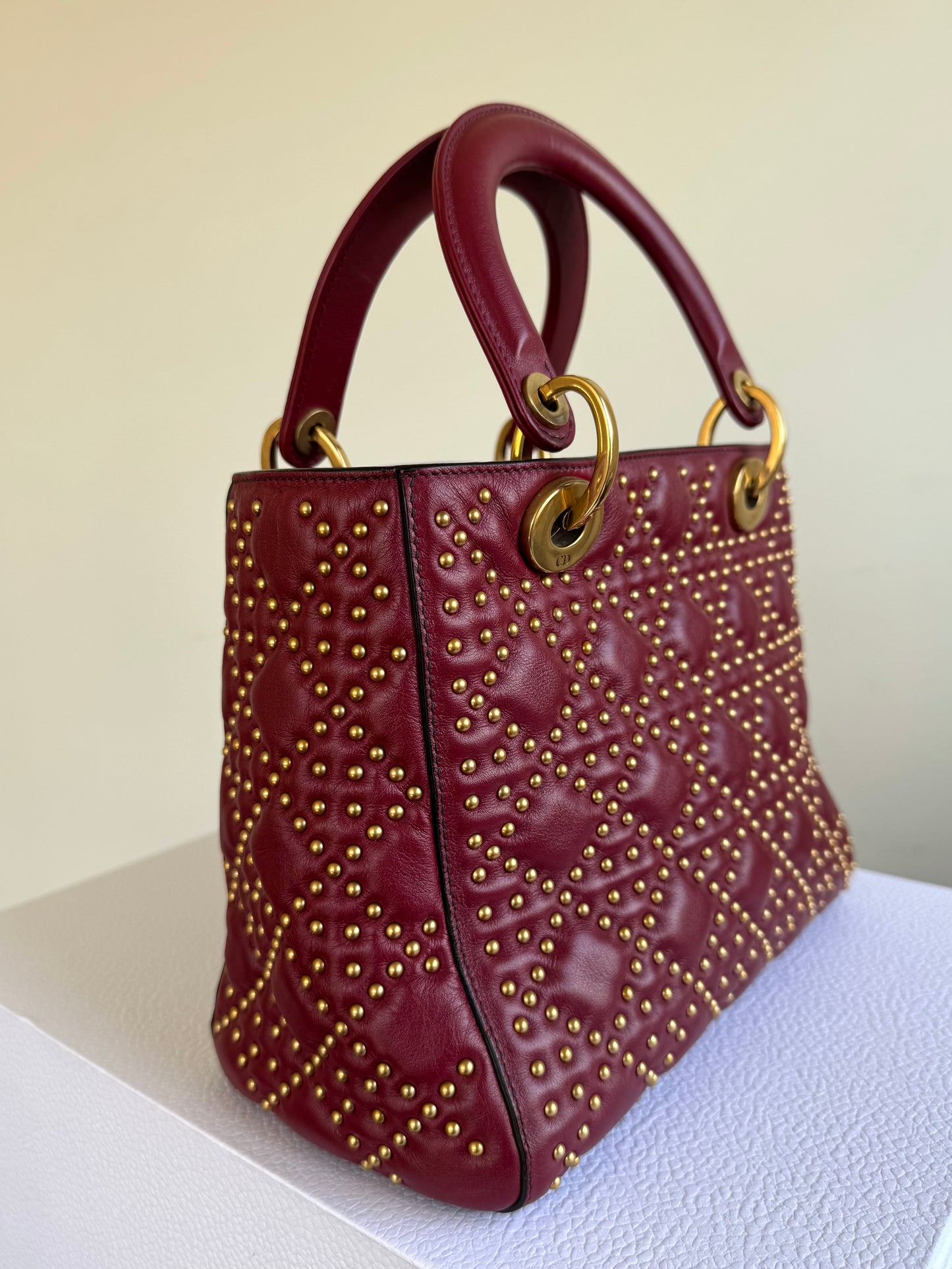 Pre-owned Dior Lady Dior Medium Studded Burgundy Calfskin Bag