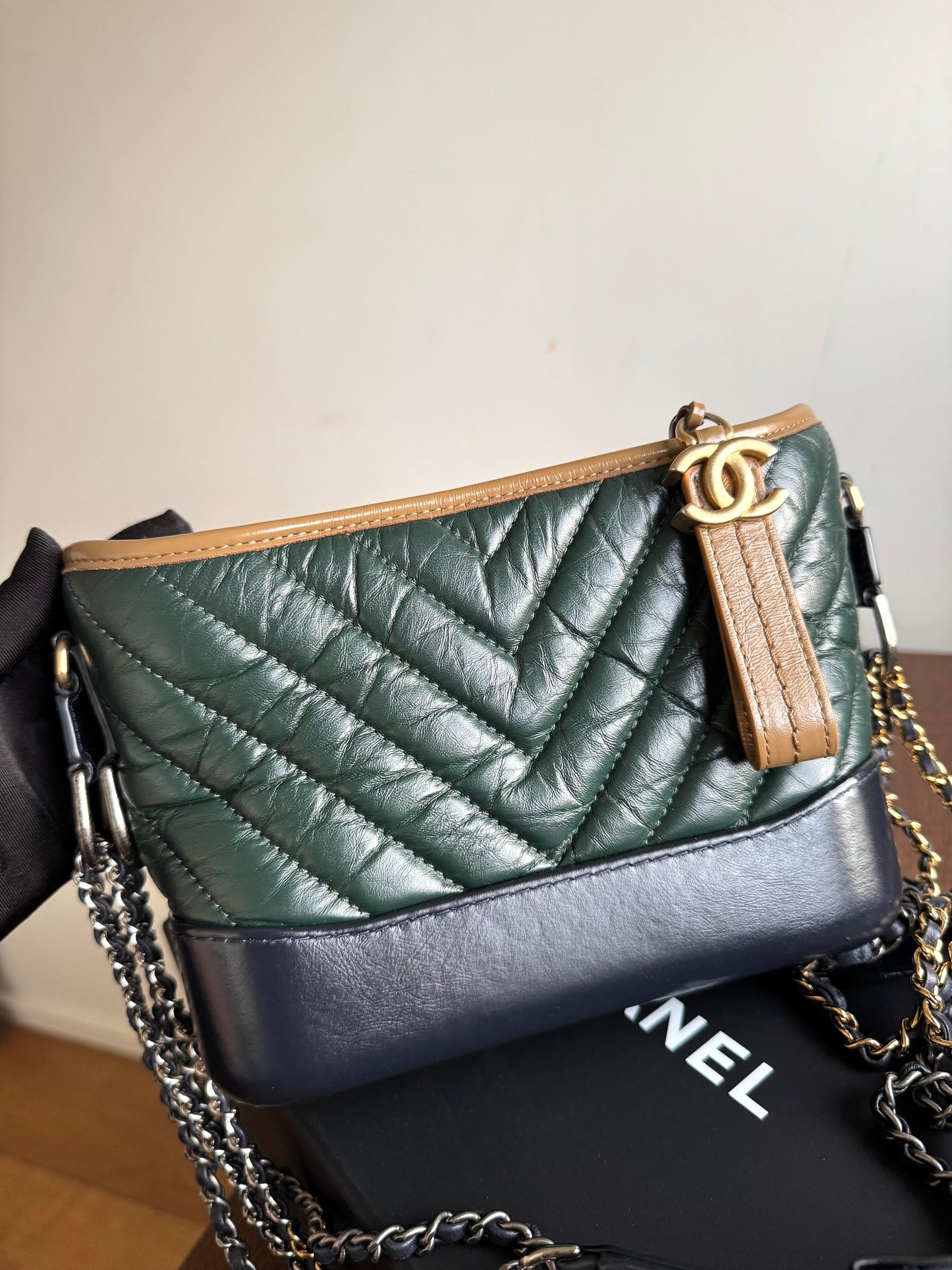 Pre-owned Chanel Gabrielle Small V-stitch Dark Green Leather Hobo Bag Limited Color