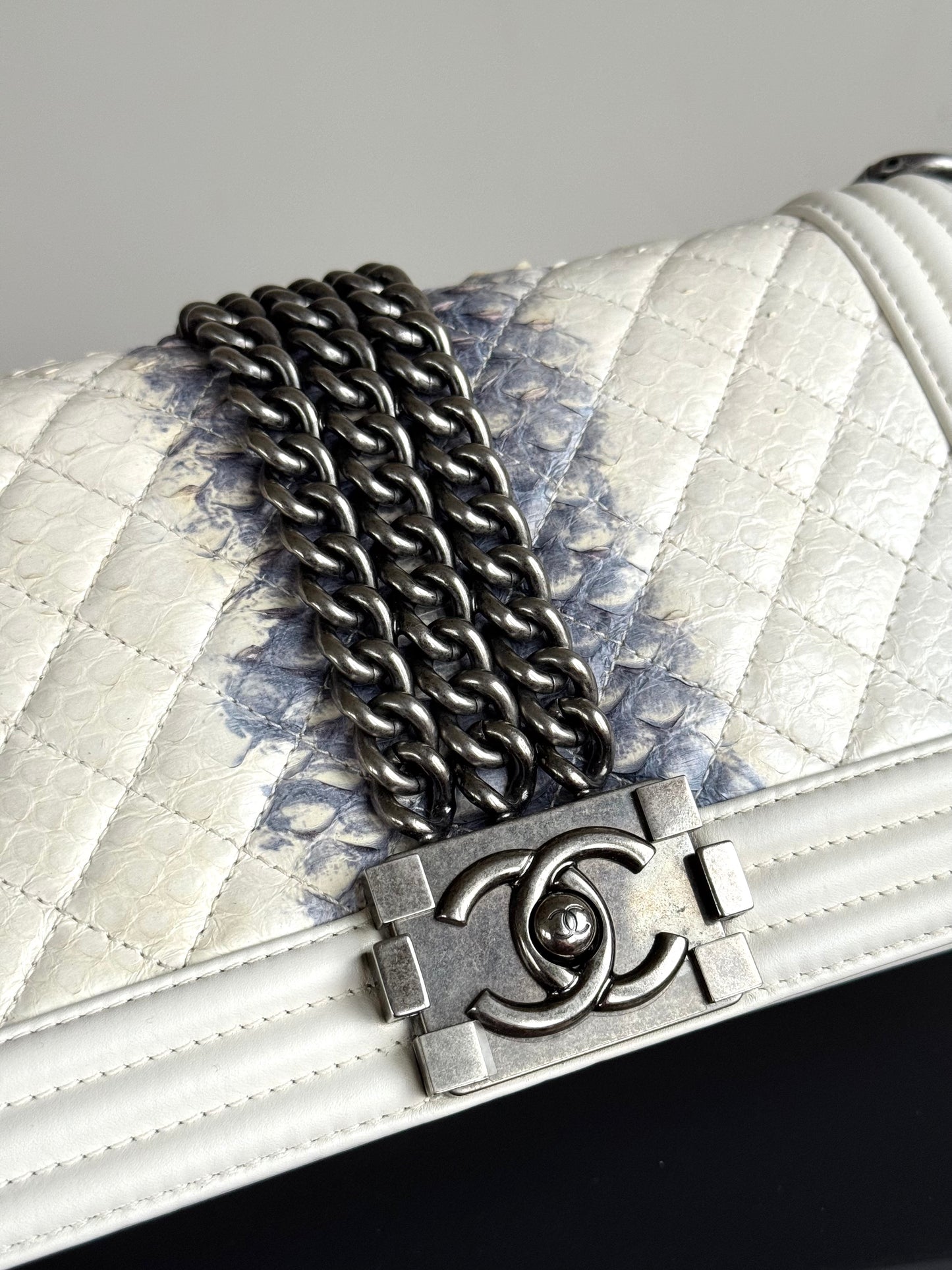 Pre-owned Chanel Boy Medium Off White Python Chain Around Flap Bag