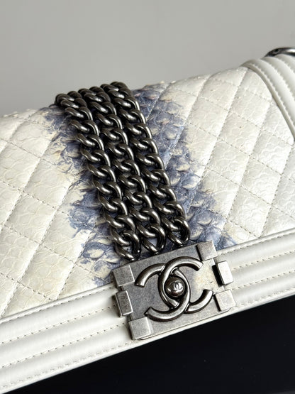Pre-owned Chanel Boy Medium Off White Python Chain Around Flap Bag
