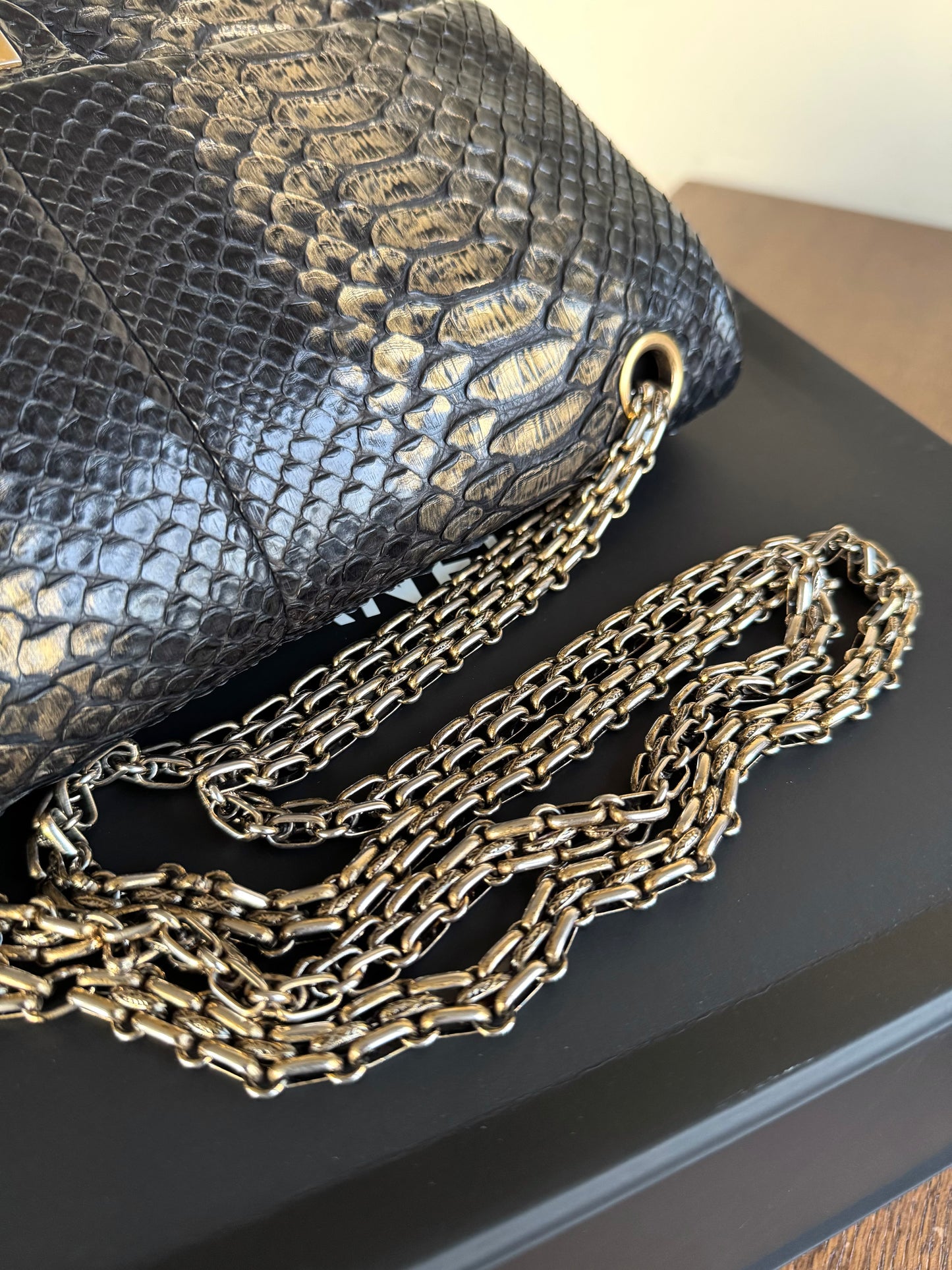 Pre-owned Chanel 2.55 Reissue Large 226 Black Gold Python Flap Bag