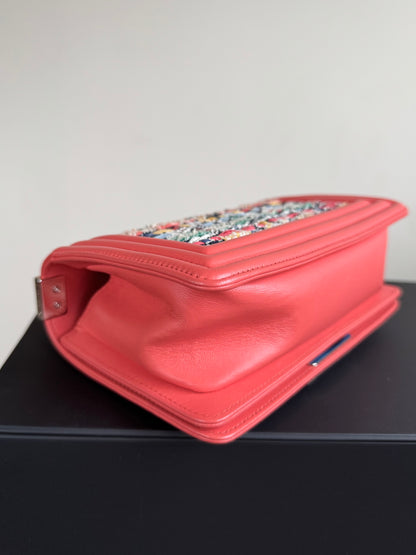 Pre-owned Chanel Boy Small Salmon Pink Tweed Leather Bag