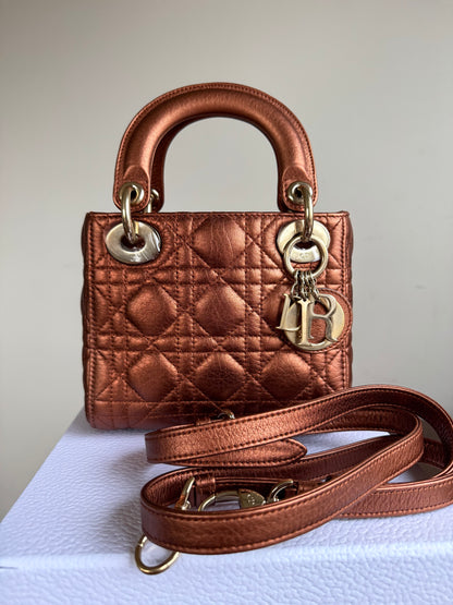 Pre-owned Dior Lady Dior Mini Bronze Lambskin Cannage Bag