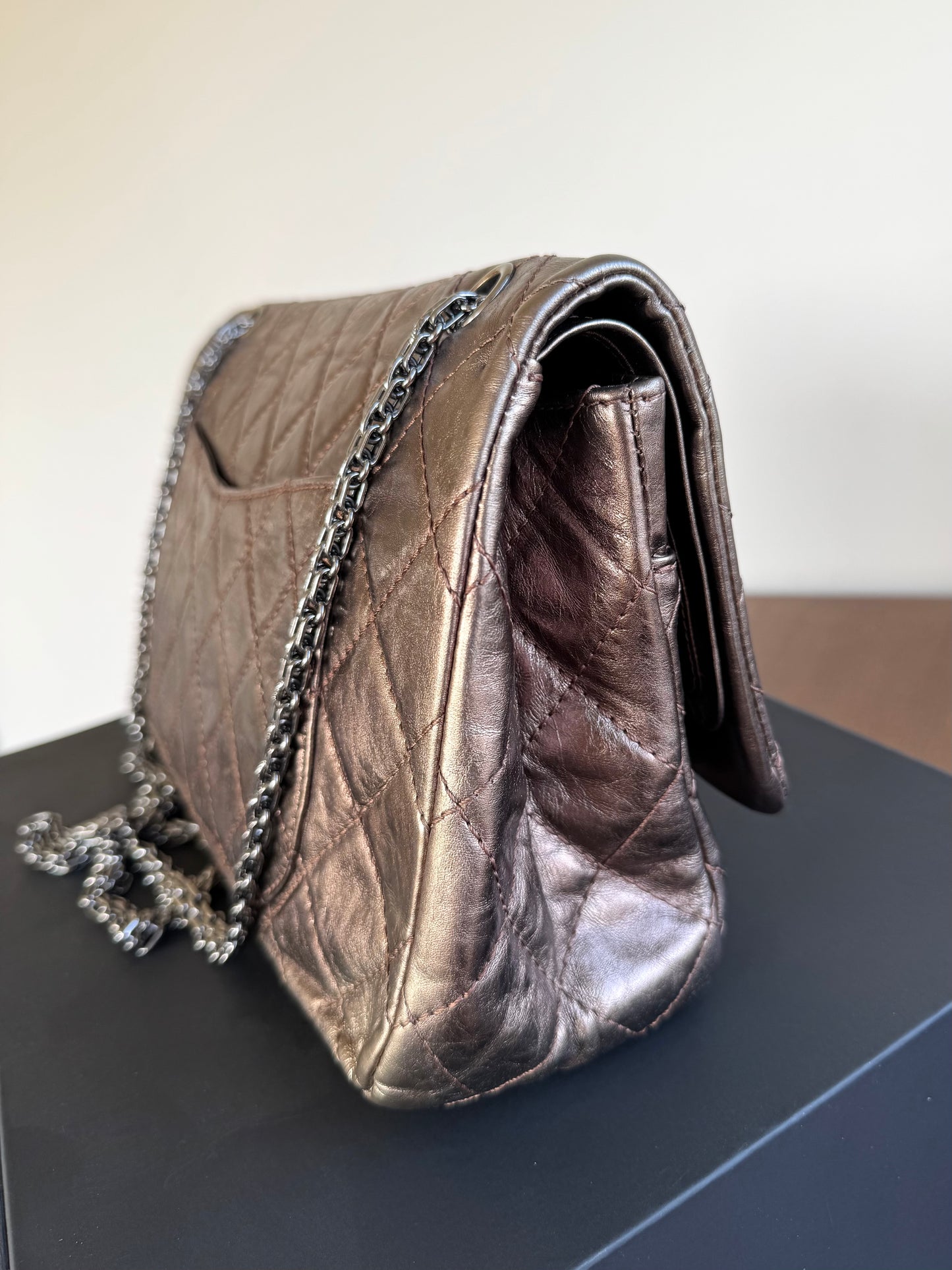 Pre-owned Chanel 2.55 Reissue Maxi 227 Bronze Metallic Calfskin Flap Bag