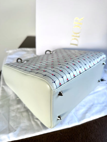 Pre-owned Dior Lady Dior Medium Baby Blue Embroidered Flower Calfskin Bag