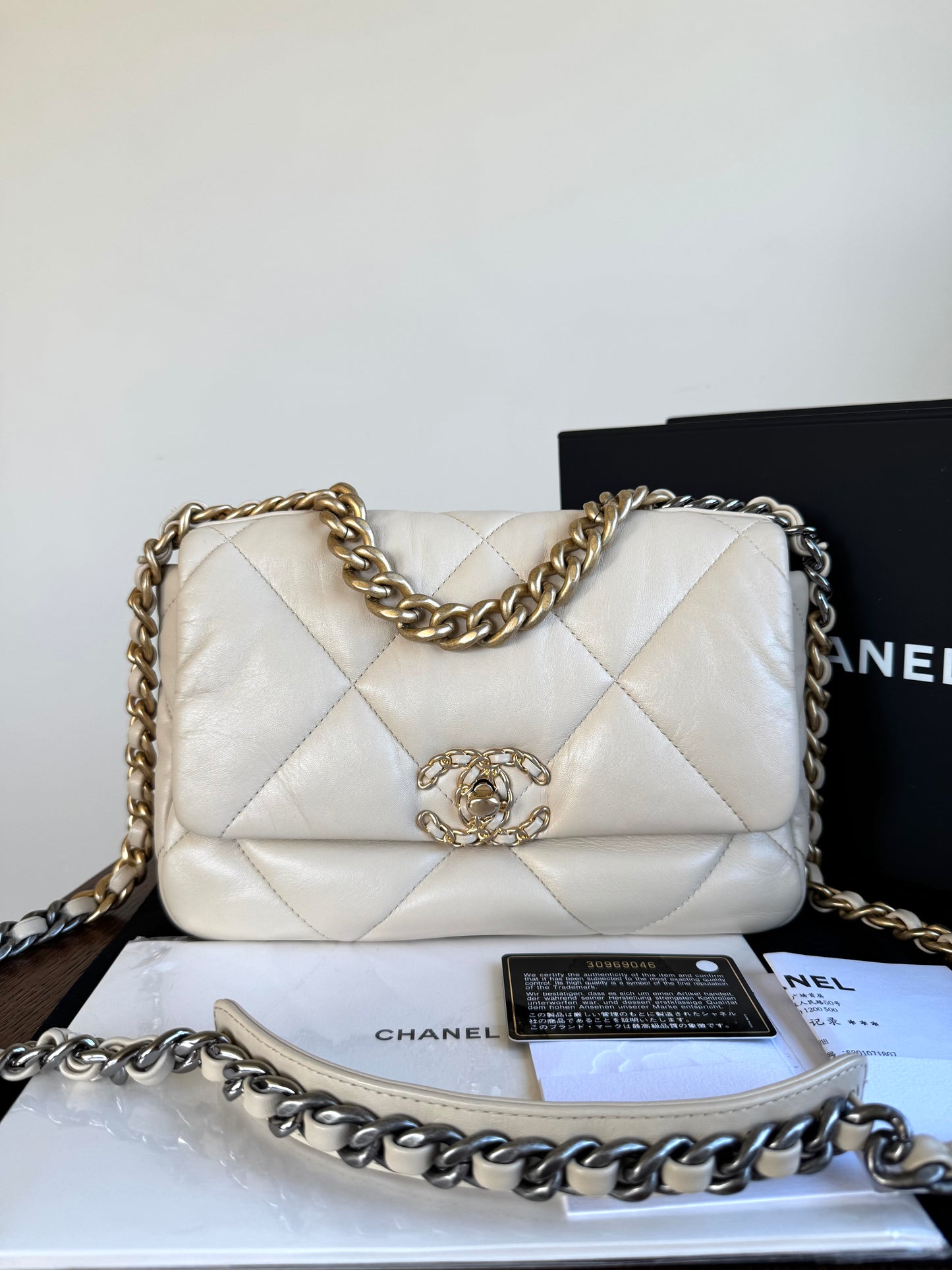 Pre-owned Chanel 19 Small Beige Lambskin Flap Bag