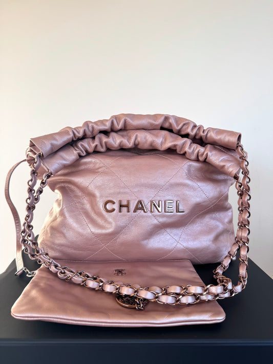 Pre-owned Chanel 22 Small Rose Gold Leather Tote Bag Limited Color