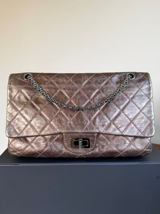 Pre-owned Chanel 2.55 Reissue Maxi 227 Bronze Metallic Calfskin Flap Bag