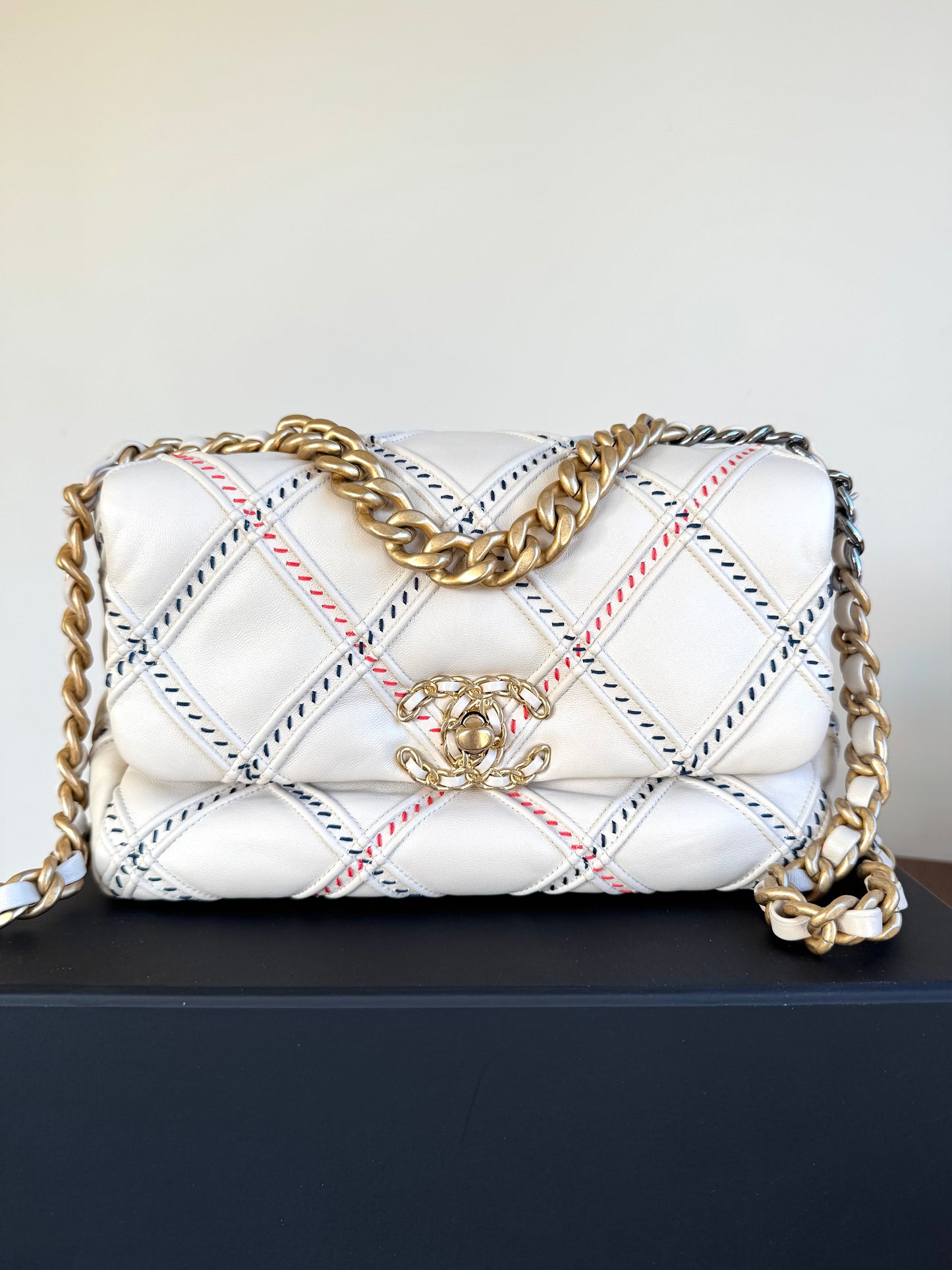 Pre-owned Chanel 19 Small Stitch Beige Lambskin Flap Bag Limited Edition