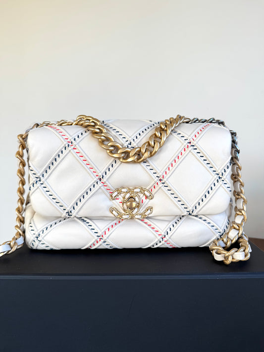 Pre-owned Chanel 19 Small Stitch Beige Lambskin Flap Bag Limited Edition