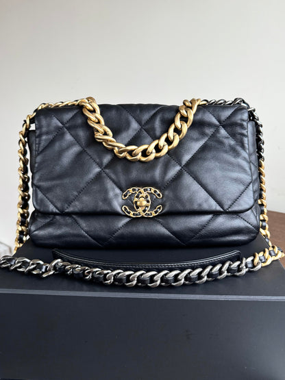 Pre-owned Chanel 19 Large Black Lambskin Flap Bag