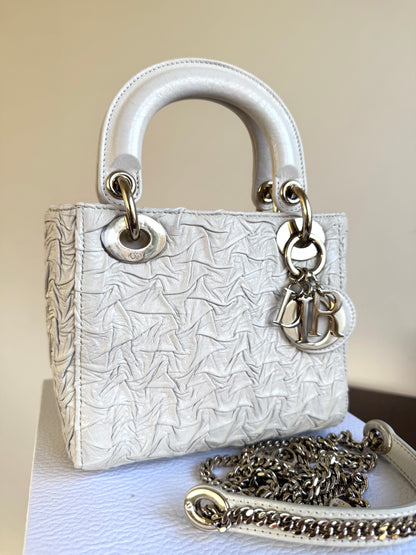 Pre-owned Dior Lady Dior Mini Off-White Eggshell Wrinkled Leather Bag