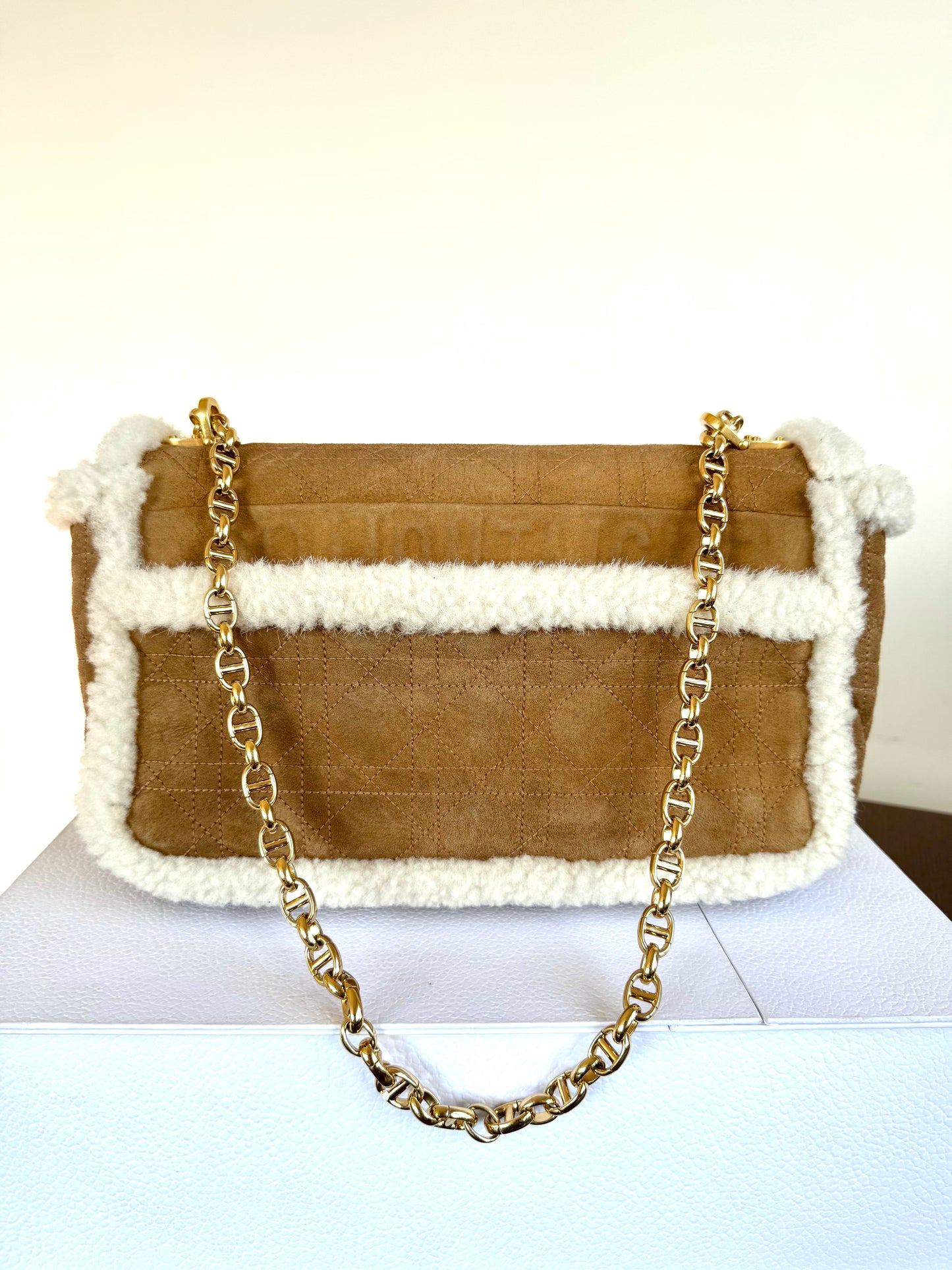 Pre-owned Dior Caro Large Camel Shearling Cannage Flap Bag