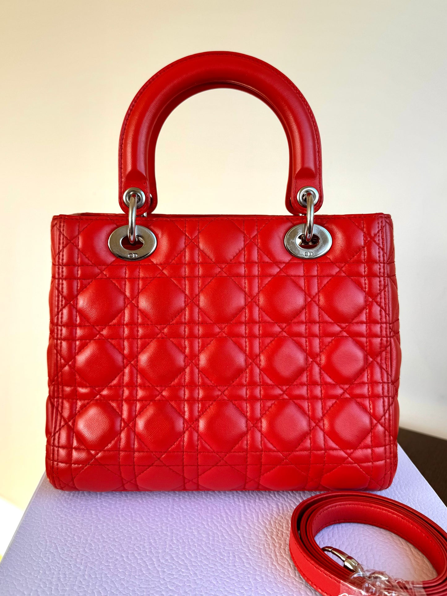 Pre-owned Dior Lady Dior Medium Orange Lambskin Bag