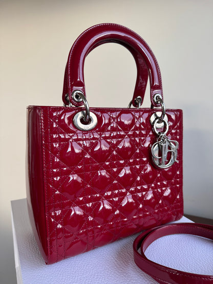 Pre-owned Dior Lady Dior Medium Burgundy Patent Leather Bag