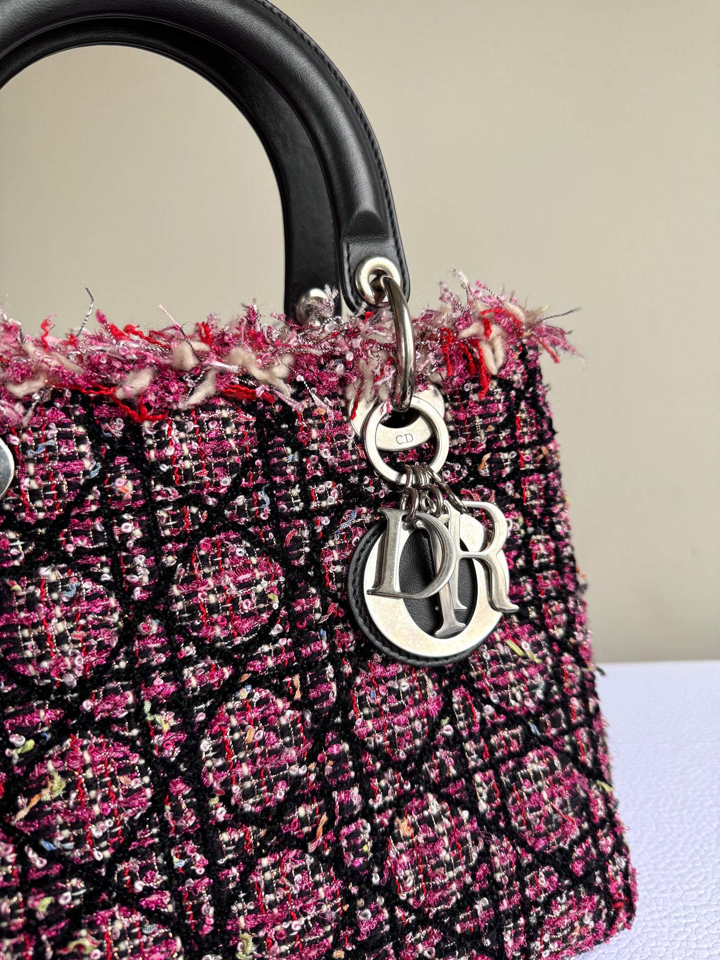 Pre-owned Dior Lady Dior Medium Black Pink Tweed Bag