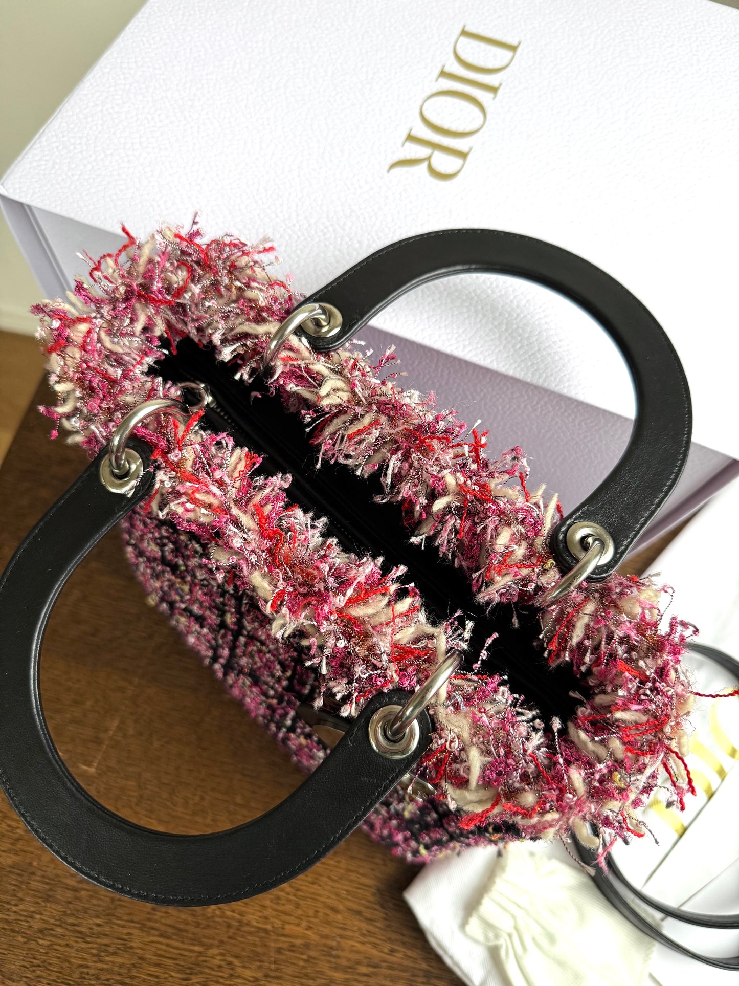 Pre-owned Dior Lady Dior Medium Black Pink Tweed Bag