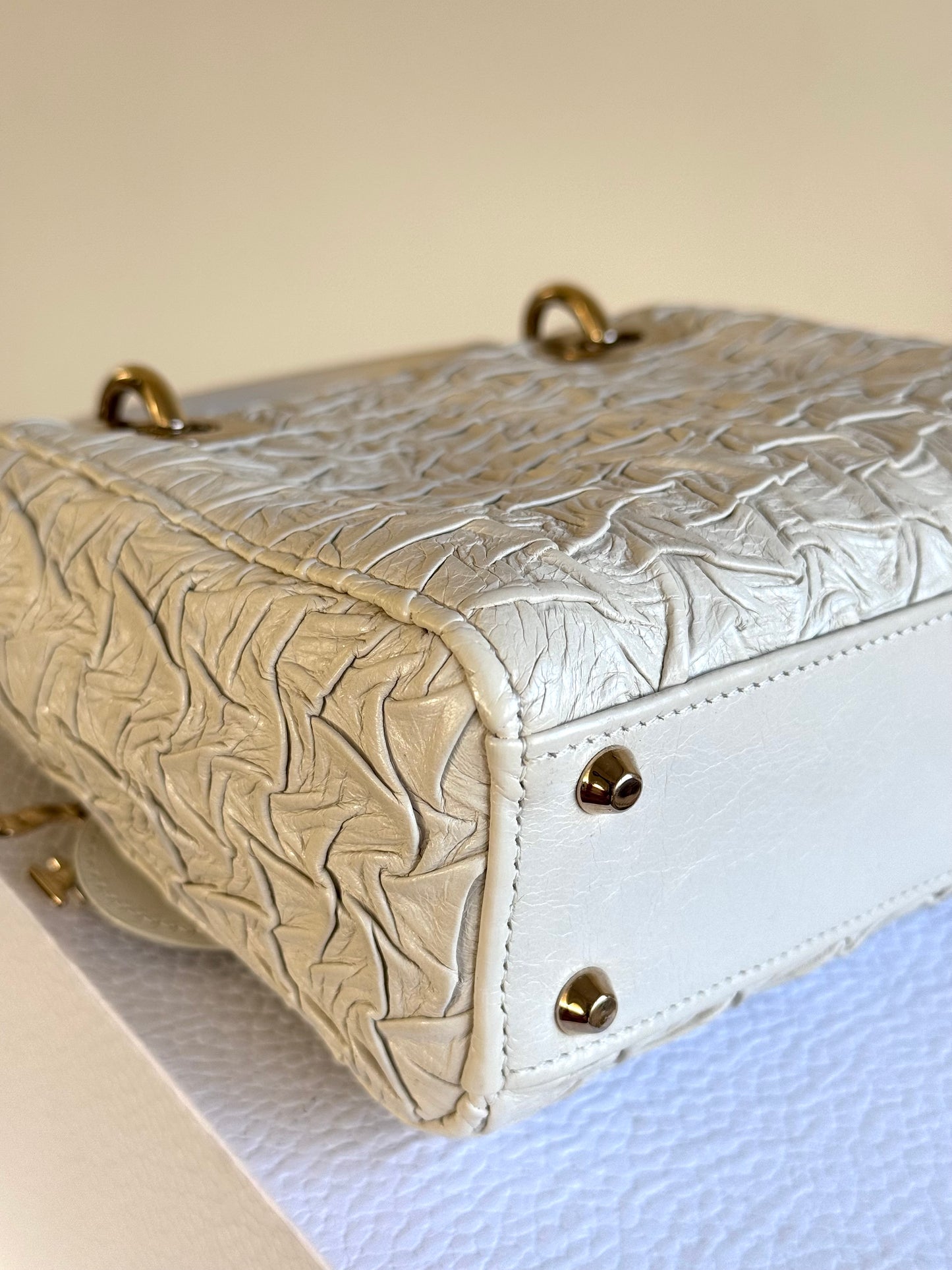 Pre-owned Dior Lady Dior Mini Off-White Eggshell Wrinkled Leather Bag