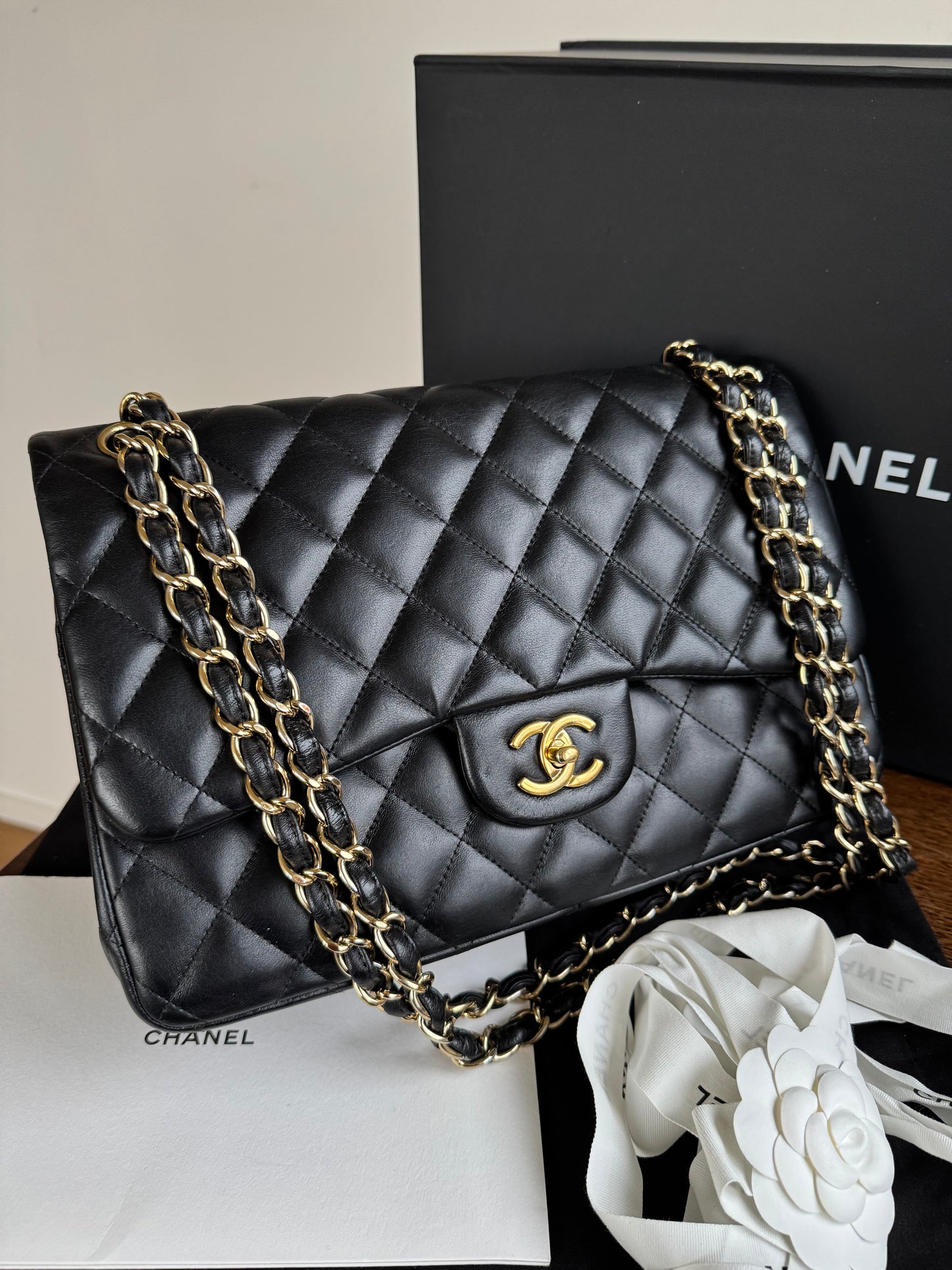 Pre-owned Chanel Timeless Classic Jumbo Black Lambskin Flap Bag